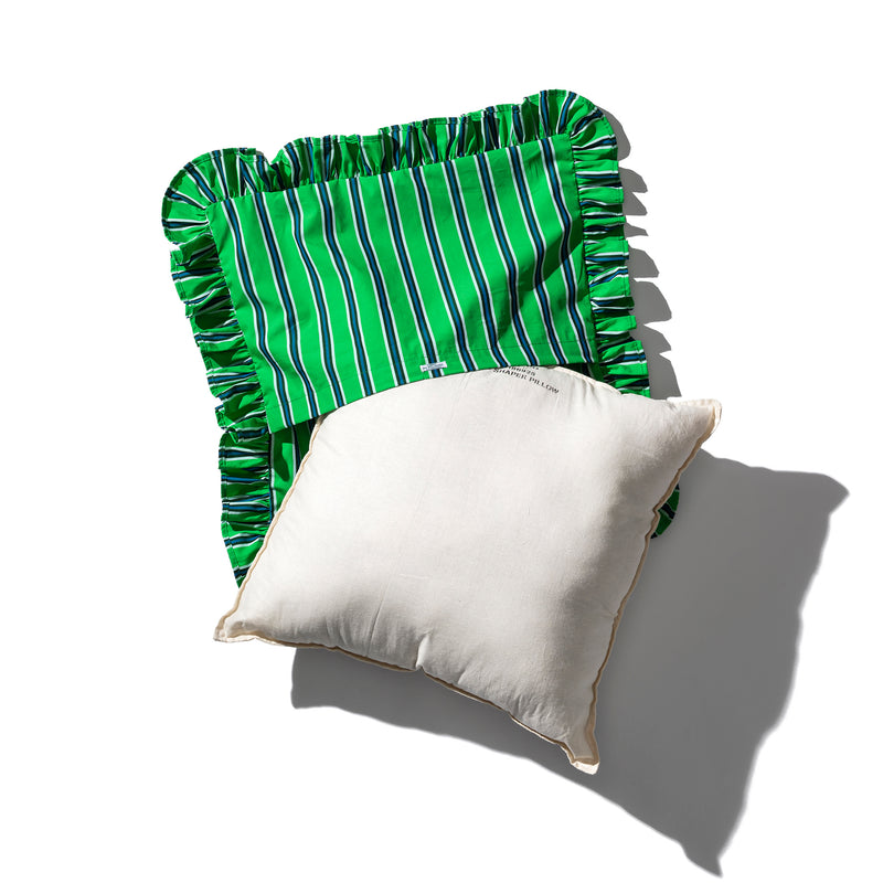 SHIRT FABRIC RUFFLE CUSHION COVER / Blue Stripe