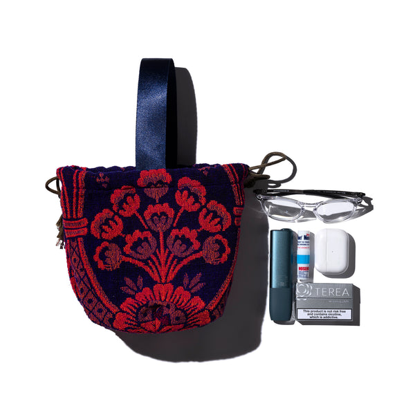 JACQUARD FABRIC DRAWSTRING BAG / Navy Blue